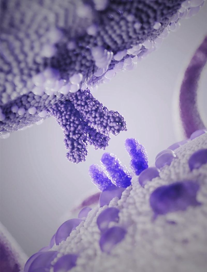 A microscopic illustration of a long chain made up of small molecules with five spherical groupings of molecules on the chain in two different shades of purple.
