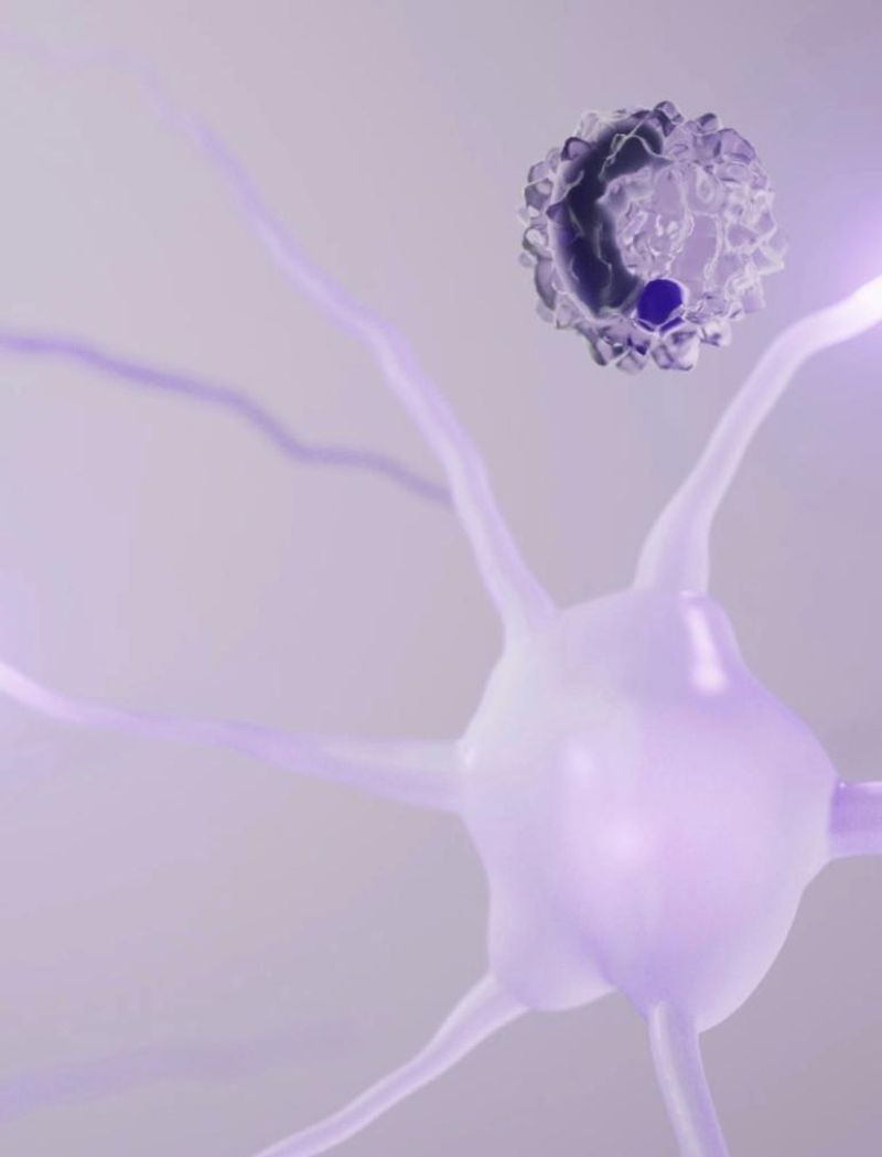 A microscopic illustration showing five purple neuron structures with glowing connections. There are two spheres set around them in different shades of purple. 